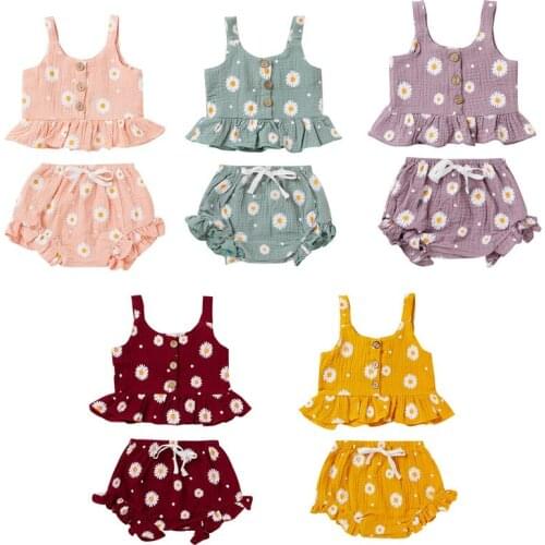 1-5 Years Kid Girls Summer Clothing Set Toddler Kids Girls Daisy Flower Button Sleeveless Tank Top+Mini Shorts Party Outfits