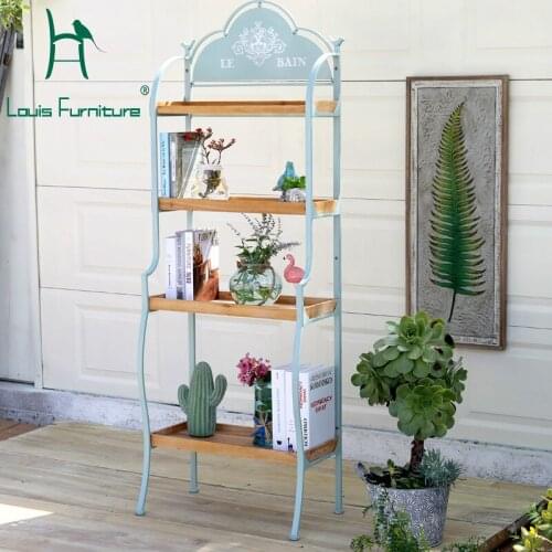 Louis Fashion Plant Shelves Modern American Blue Iron Solid Wood Shelf Living Room Balcony Greenery Display