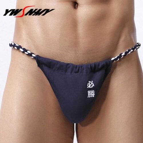 2PCS Men G-string Thong Cotton Underwear Exotic Gay Penis Pouch T-back Hombre Cueca Embroidered Japanese Rope Belt Sumo Thong