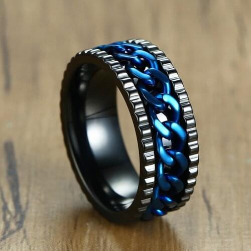 Mens Stainless Steel Rotating Ring Black Blue TRitanium Steel Ring Street Style Personality Mens Accessories