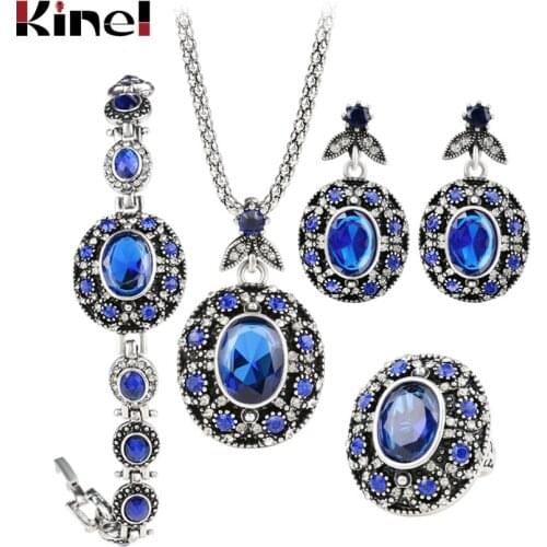 Kinel 4Pcs Vintage Jewelry Sets Tibetan Silver Blue Pendant Necklace Earring Bracelet And Oval Rings Wedding Party Accessories