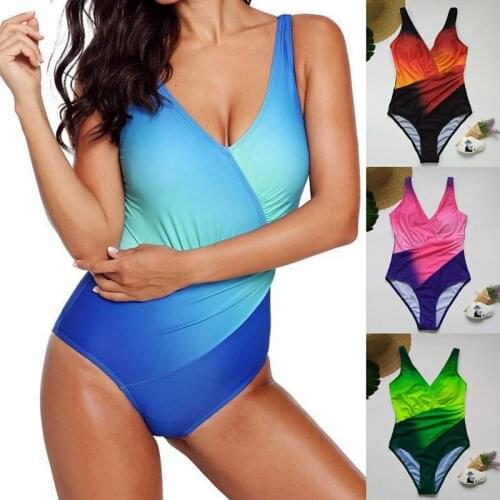 2020 New Sexy Blue Swimsuit Cross-dark V Gradient Color Jumpsuit Girl Fast Dry One Piece Swimsuit Women