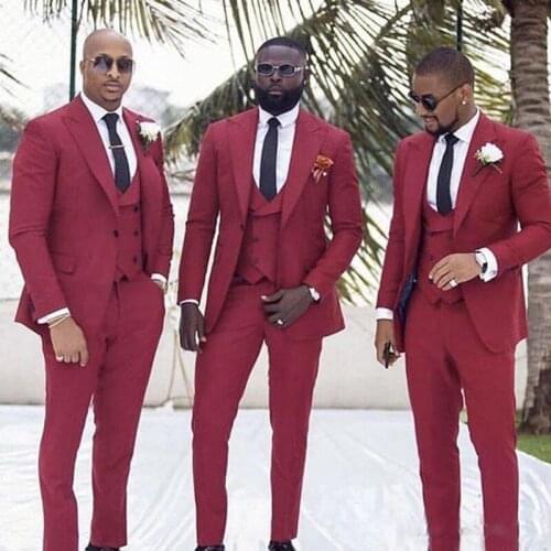 New Arrival Wine Red Slim Fit Groomsmen Suits Three Pieces Slim Fit Wedding Tuxedos Peak Lapel (Jacket+Pants+Vest+Tie)