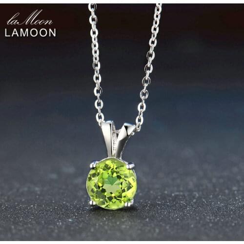 Lamoon 8mm Natural Round Cut Peridot Sterling Silver Simple Pandent Chain Necklace Women Jewelry S925 LMNI057