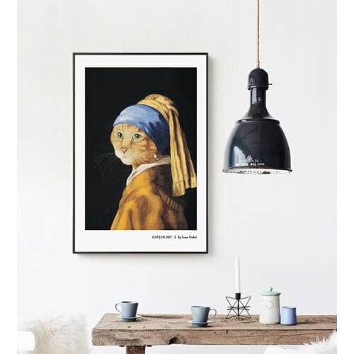 Retro Canvas Printings Poster and Painting Cat With A Pearl Earring Creative Art Home Decoration Wall Picture Art Decor No Frame