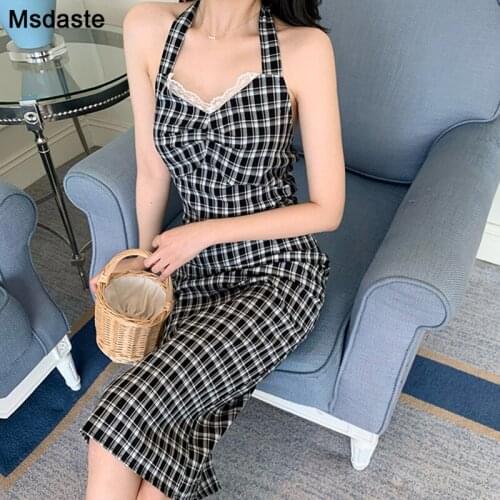 Dresses Women Summer Cute Plaid Vestidos Feminino Sleeveless Halter-neck Lace Sexy Bodycon Mid-calf Vintage Woman Dress