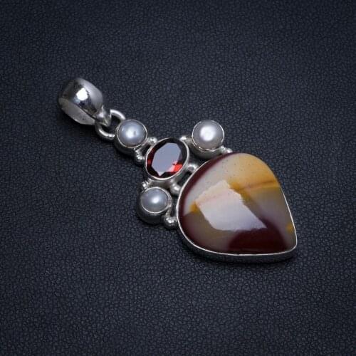 Natural Royal Imperial Jasper,Garnet and River Pearl Vintage 925 Sterling Silver Pendant 2" T0315