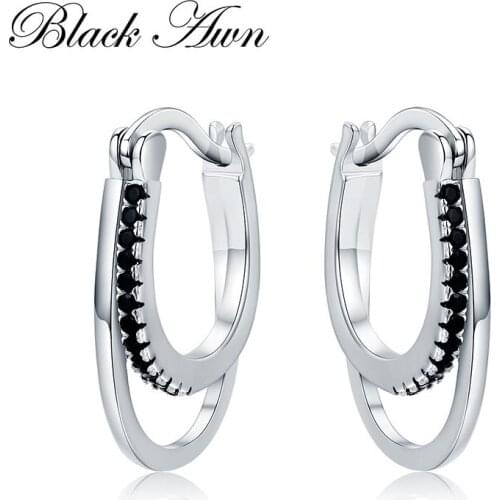 3.8g 925 Sterling Silver Row Round Black Spinel Trendy Engagement Hoop Earrings for Women Fine Jewelry Bijoux I004