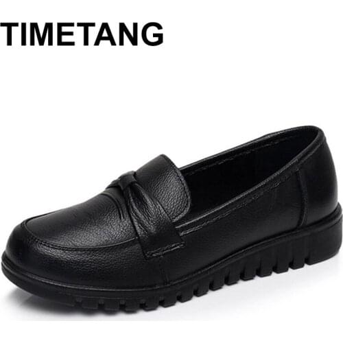 TIMETANG 2021Women Old Mother Female Shoes Flats Loafers Cow Genuine Leather Slip On Black Round Toe PU Casual Solid 35-41E500