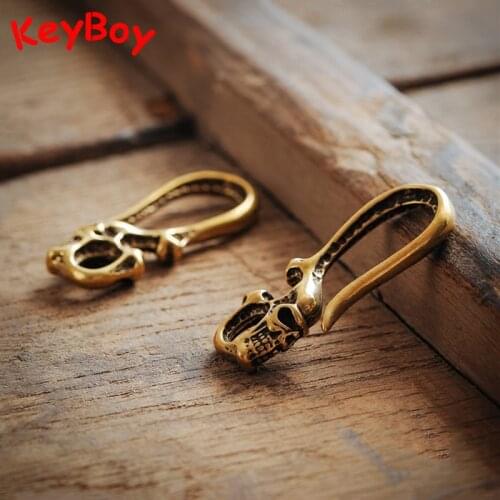 Vintage Brass Punk Men Skull Head Keychain Hook Clasp Metal Clothes Pant Connection Clip Copper U-shaped Keyring Pendant Jewelry