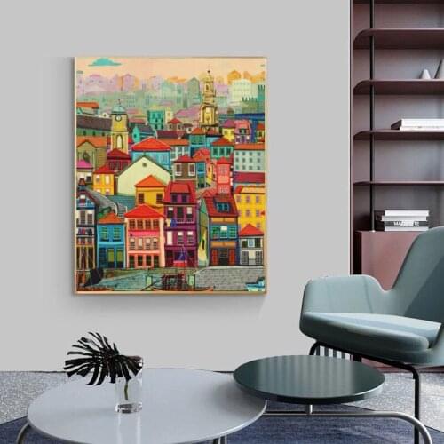 Vintage Poster City Landscape Colorful House By The Water Nordic Art Canvas Print Painting Wall Picture Modern Home Decoration
