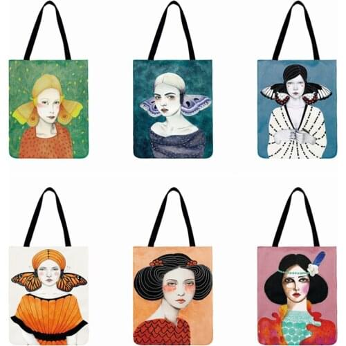 Butterfly Girl Painting Print Tote Bag For Women Art Figure Casual Totes Foldable Shopping Bag Outdoor Beach Bag Daily Hand Bag