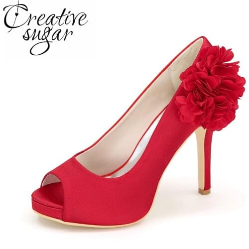 Creativesugar Elegant flower petal satin lady pumps open peep toe high heels garden wedding bridal prom cocktail shoes 7 color