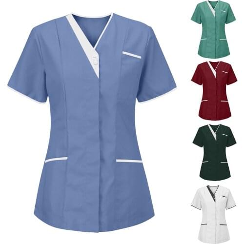 Womens Tops Fashion Solid Color Nurse Uniform Short Sleeve V-neck T-shirt Protective Working Plus Size uniforme enfermera mujer