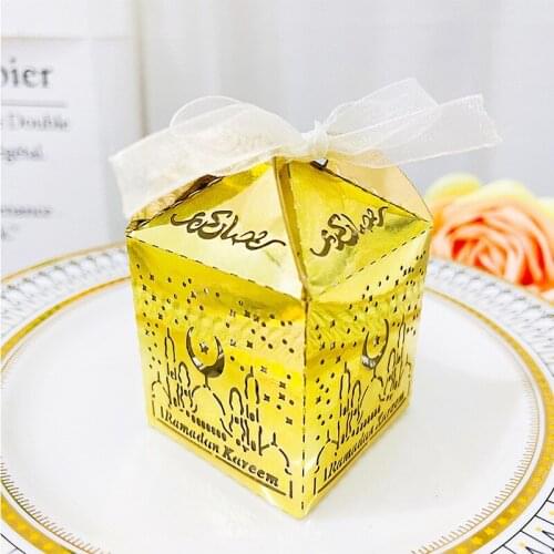 10pcs Eid Mubarak Christmas Hollow Birthday Candy Cake Paper Box Creative Bowknot Wedding Gift Chocolate Box Gold Silver White