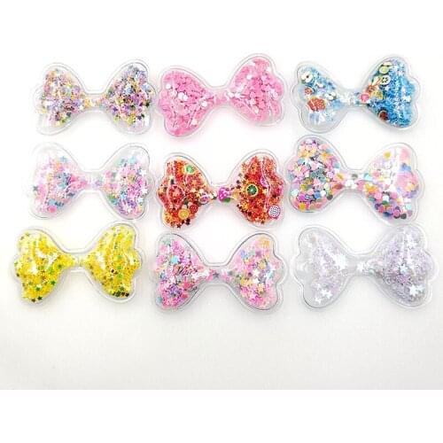 12pcs/lot 6*3.5cm Transparent Bowknot with shiny glitter Flowing Patches Appliques for Children DIY Hair Clip Accessories