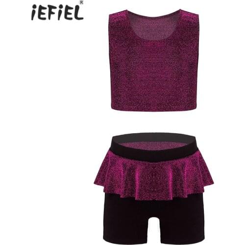 Kids Girls Ballet Dancewear Sets Sleeveless Sports Bra Tank Crop Top With Shorts For Dance Fitness Workout Gymnastics Outfits