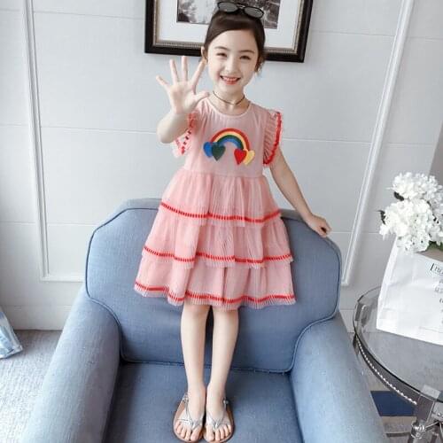 Pink Layered Dresses for Girls Summer Sweet Toddler Teens Children Princess Dress O-neck Rainbow Girl Clothes Kids Costume