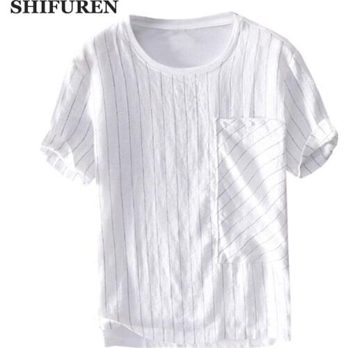 SHIFUREN 2020 Summer Striped O-Neck T shirts Mens Breathable Pure Linen Shirts Short Sleeve Tops Streetwear Causal Tees