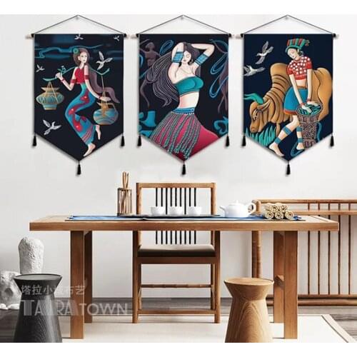 Ethnic Style Girls Canvas Art Painting Hang Wall Decor with Tassels Hotel Living Room Decor Abstract Scroll Painting Poster