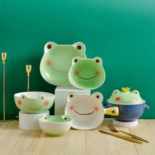 Japanese Style Cartoon Cute Frog Ceramic Bowl Dish Underglaze Color Handle Household Salad Instant Noodle Bowl