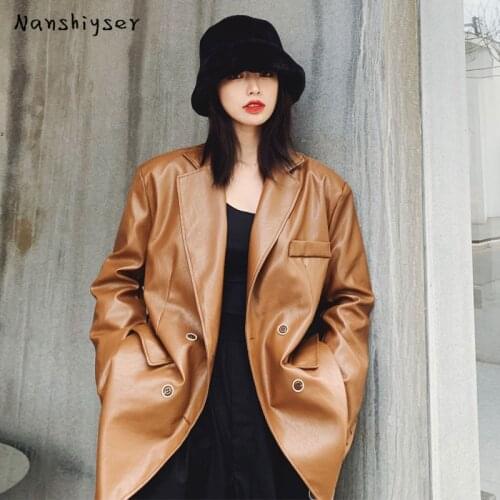 Streetwear PU Leather Jacket Female New Autumn Womens Loose Fashion Wash Leather Motorcycle Jacket Mid-length Faux Leather Coat