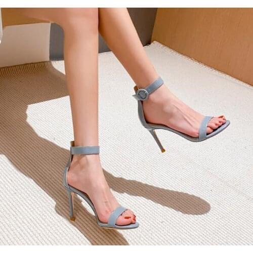 Summer Ladys Blue Red Black Khaki Nude White Solid Color One Line Buckle Sandals Woman 6 cm Stiletto Heels Party Dress Shoes