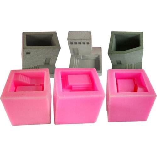 Small House Stairs Shaped Concrete Flower Pot Vase Silicone Mold Nordic Style Cactus Cement Flower Vase Mould DIY Candle Decor