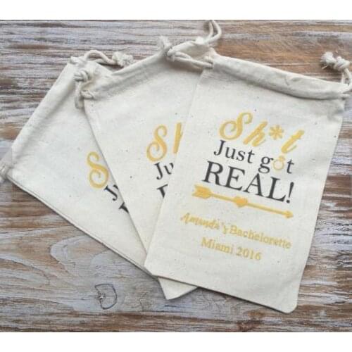 Custom just got ready wedding Party first aid Hangover Kit jewelry favor muslin Bags Bachelorette hen bridal shower favor