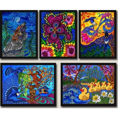 Diamond Painting Cross Stitch Sets, Square & Full Diamond Mosaic Picture, Decorative Wolf Abstract The Flowers Bird