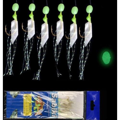 Bimoo 6pcs/set Fishhooks for Luminous Swivel Fishing Fishy Smell Real Fish Skin Soft Bait String Hook Sabiki Rig with6 Fishhooks