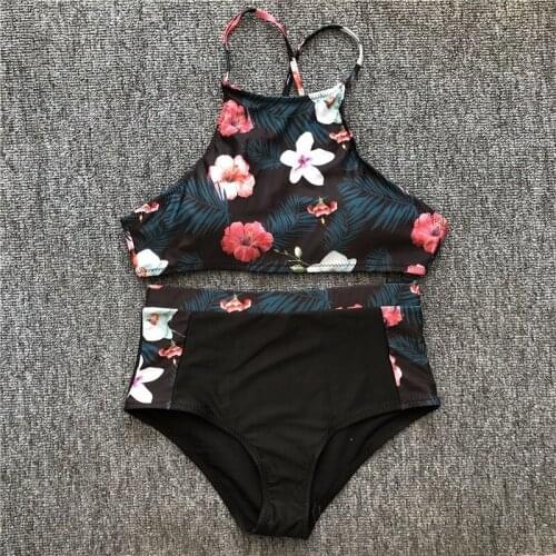 2021 New Fashion Ladies Flower Print Halter Strap Bikini Swimsuit Swimwear XL