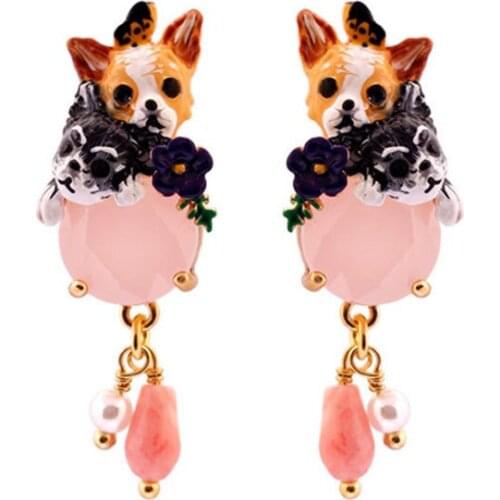 New Chihuahua series enamel glaze cute pet earrings female personality trend fashion pink butterfly ear clip without pierced ear