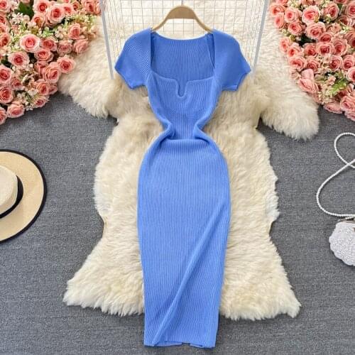 Tight and Thin Square Neck Knitted Dress Short-sleeved Summer 2021 New Temperament Sexy Bag Hip Long Dresses