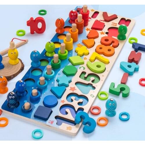 Montessori Educational Wooden Toys Children Busy Board Math Fishing Childrens Wooden Preschool Montessori Toy Counting Geometry