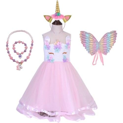 Girls Unicorn Dress with Hairband Princess Birthday Party Ball Gown Kids Horse Clothes Halloween Cosplay Costume can add Wings