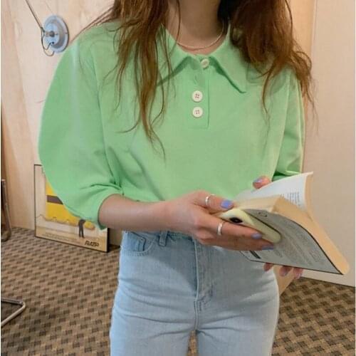PERHAPS U Women Girls Casual Summer Short Green Solid Color Three-Button Polo-Collar Puff Sleeve T-Shirt Female Loose Tops B3073