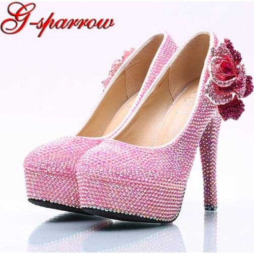 2018 Rose Flower Pink Rhinestone Wedding Shoes AB Crystal Luxury High Heel Party Shoes Big Size 45 Drop Shipping Prom Pumps