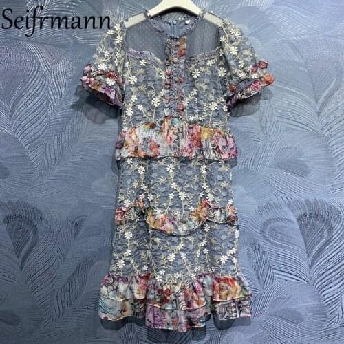 Seifrmann New 2021 Summer Women Fashion Runway Party Midi Dress Lantern Sleeve Ruffles Embroidery Elegant Print Ladies Dresses