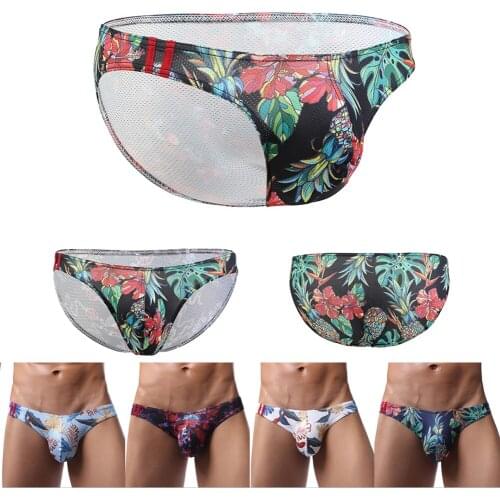 Mesh Breathable Mens Sexy Lingerie Low Rise Underwear Abstract Print Briefs Bikini Underpants Male Beach Swim Printed Panties