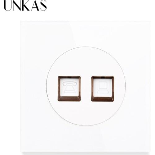 UNKAS RJ45 Internet Data Computer Port And Cat3 RJ11 Telephone Jack Wall Socket 86MM*86MM Tempered Crystal Glass Panel Outlet