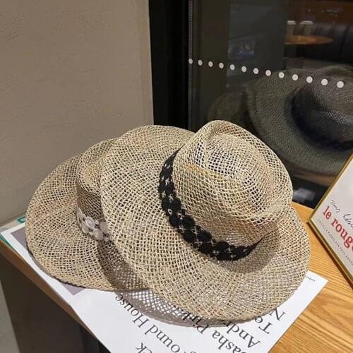 Summer Hats for women Retro Flat hat brim hand-made Hollow design Raffia Straw hat ladies outdoor sun protection beach Straw hat