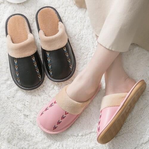 Cowhide Leather Couples Cotton Slipper Winter Warm Indoor Bottom Thick Slippers anti-slip Household Shoes