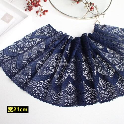 Navy blue stretch lace fabric accessories, dress skirt and long neckline sleeves, decorative lace