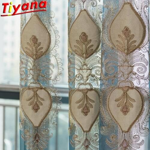 Blue Beige European Embroidery Tulle Curtains for Living Room Luxury Embroidery Yarn/Gauze for Bedroom X-HM697 #VT