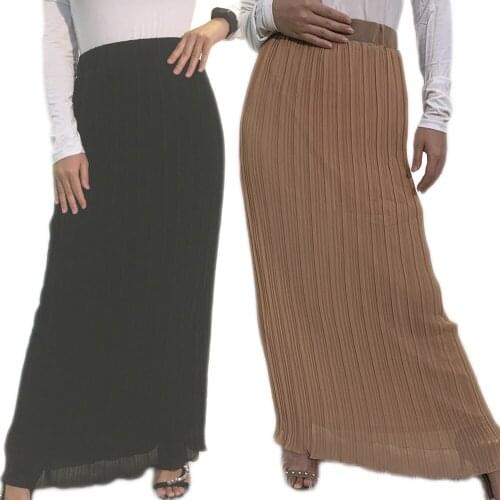 Muslim Women Ladies Casual Long Skirt Pleated Elastic High Waist Maxi Skirts Chiffon Arab Bottoms Clothing Islamic Solid Color