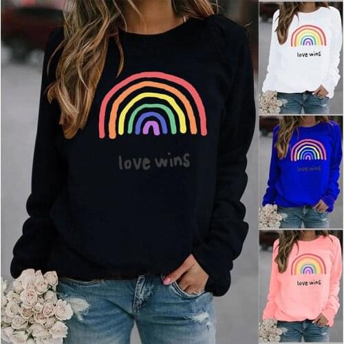 Love Wins Rainbow Printed Hoodies Women Fleece Long Sleeve O Neck Loose Sweatshirt Girls Women Hoodie Pullovers Winter