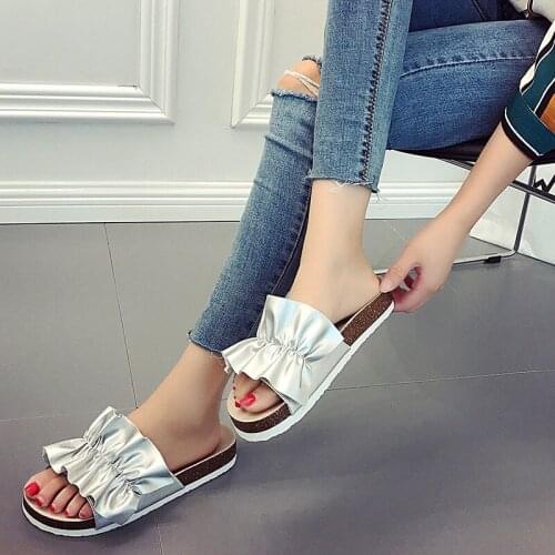 European luxury brand cork sandals women flounce flip flops lady pleated open toe beach shoes summer cozy pregnant shoes
