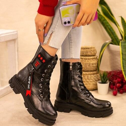 Tonar Mica Black Patent Leather Lace-Up Women Boots Zipper New Season Comfortable and Stylish Fashion Trend