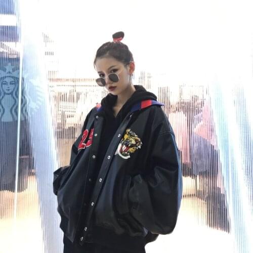 Jackets Women Funny Cartoon Embroidery Harajuku Thicker Faux Leather Coat Trendy Simple Student Coat Womens Korean High Quality